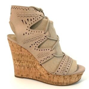 Marc Fisher Hosana Wedge Taupe Leather Lace-Up Platform Gladiator Sandal 10M
